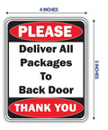 Please Deliver All Packages To Back Door Sign, Red And Black Vinyl, 5x4 Inch Self Adhesive, Indoor Outdoor Use, No Drama Deliveries For Offices Stores Homes And Warehouses, Weather Resistant, 2 Pack, 4x5 inch sign