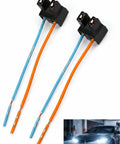 Two Pack H7 Headlight Wiring Harness With Female Wire Connector Pigtail Kit featuring copper terminals and heat tough sockets.