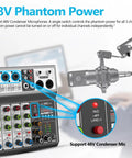 Five Channel USB Bluetooth Audio Mixer with Echo Delay for Recording Live Streaming and Podcasting shown with 48V phantom power for mic