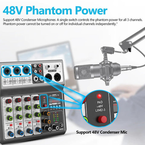 Five Channel USB Bluetooth Audio Mixer with Echo Delay for Recording Live Streaming and Podcasting shown with 48V phantom power for mic