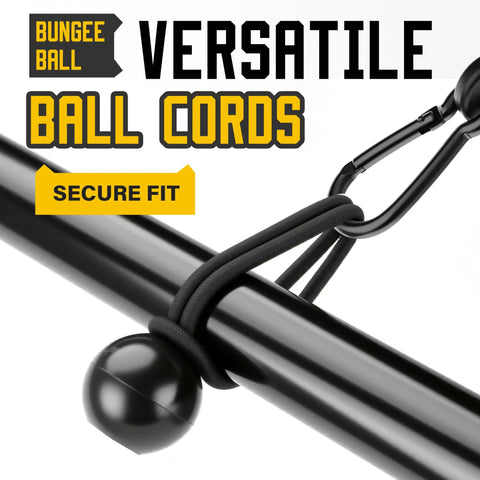 Versatile black bungee ball cord securing a metal pole, highlighting secure fit for camping and outdoor gear.