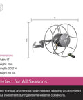 Wall Mounted Swivel Hose Reel With 180 Degree Swivel, 100 Foot Hose, Leakproof Storage, Durable Powder Coated Steel, dimensions shown