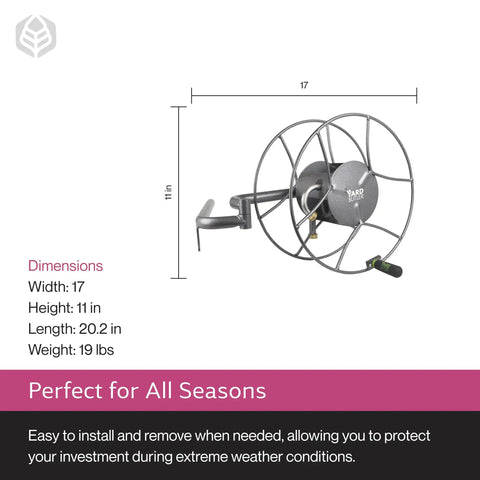 Wall Mounted Swivel Hose Reel With 180 Degree Swivel, 100 Foot Hose, Leakproof Storage, Durable Powder Coated Steel, dimensions shown