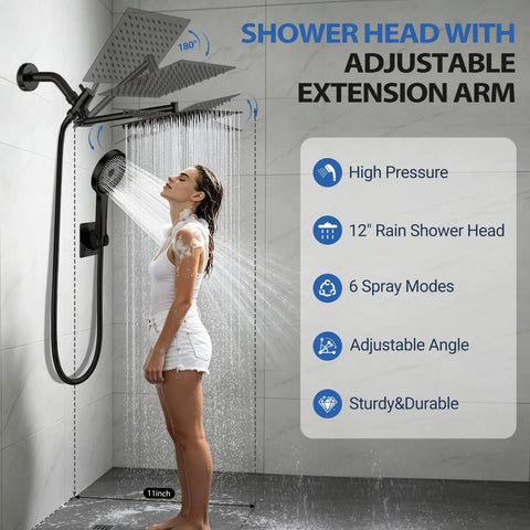 Eight Inch Square Rain Shower Head With Handheld Spray Combo Knockout Matte Black Finish Tough As Nails 304 Stainless Steel High Pressure Output And Eleven Inch Adjustable Arm Deliver No Sweat Comfort