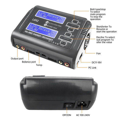 Two Channel RC Battery Charger And Discharger Up To 240W 10A with display and ports for LiPo LiHV LiIon Life packs