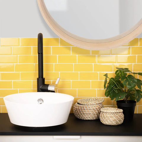 DIY Friendly Peel and Stick Backsplash Tiles, Four Sheet Pack, 11.56 in by 8.38 in Each, Covers 2.21 Sq Ft above a bathroom sink