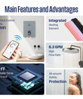 Electric Tankless Water Heater 27Kw 240V Whole House Model Drops Cold Showers Fast With Straight Up Instant Hot Water On Demand Up To 6.26 Gpm features WiFi control, integrated heating element, and high flow rate.