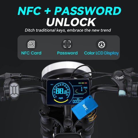 Adult Fat Tire Electric Bike With Fast Speed, NFC Password Unlock And Big Color LCD Screen For Street Riding And Off Road Adventure All Day: handlebar display and controls