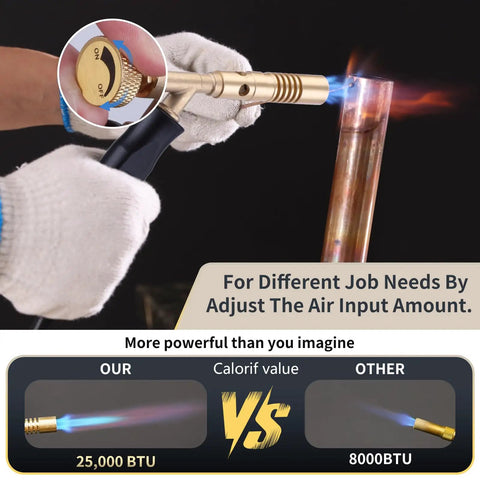 Using Heavy Duty Propane Torch Hose Kit 3.93 Ft With Adjustable Heat MAPP Torch Head 2600 Fahrenheit 25,000 BTU Per Hour Solder Copper Pipe And HVAC Professional Grade DIY Soldering Kit on copper pipe.