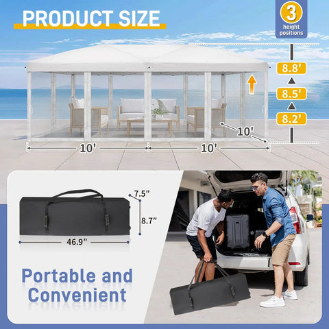 10x20 Pop Up Canopy With Sidewalls And Carry Bag Easy Up Screened Gazebo for camping, showing size specs and portability