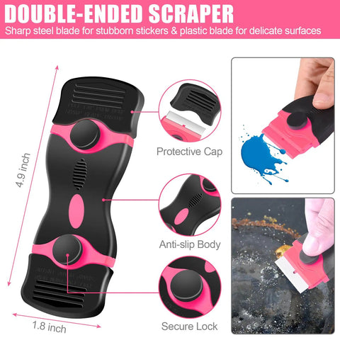 4 Pack Razor Blade Scraper Kit With 50 Blades, 20 Metal And 30 Plastic, Double Edged Handles, Long Handle Scrapers For Tackling Paint, Glue, Vinyl, Glass, Wallpaper Removal And Heavy Duty Scraping, 4.9-inch black pink scraper