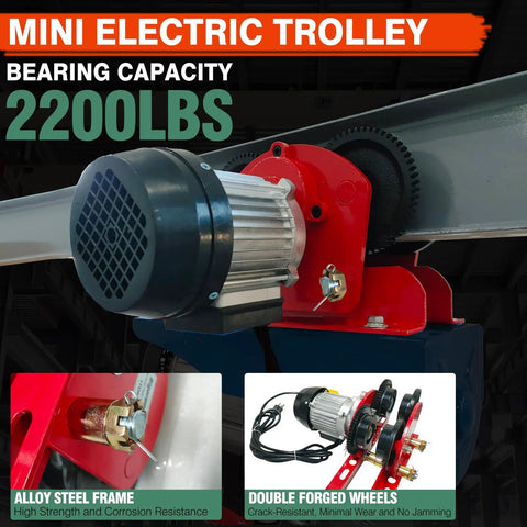 Workhorse Electric Trolley For Power Hoist 1 Ton Capacity 2204 Lbs Fits 2.68 To 4.33 Inch I Beam PA200 To PA1000 Hoists