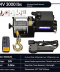Heavy Duty 24 Volt Electric Winch For Cars With Self Hoist Function, Compact Vehicle Mounted Towing Gear rated 3000 lbs with remote.