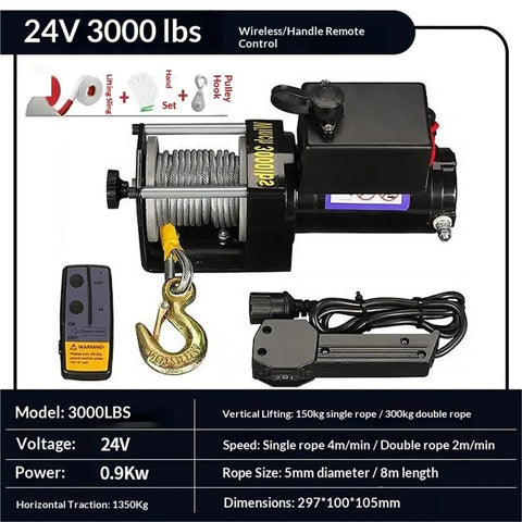 Heavy Duty 24 Volt Electric Winch For Cars With Self Hoist Function, Compact Vehicle Mounted Towing Gear rated 3000 lbs with remote.