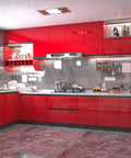 Modern kitchen with red glossy peel and stick wallpaper vinyl wrap with glitter finish on cabinets and backsplash.
