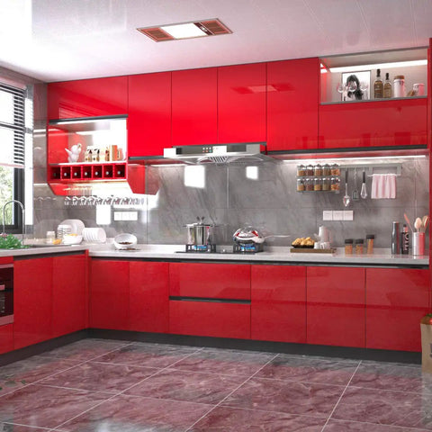 Modern kitchen with red glossy peel and stick wallpaper vinyl wrap with glitter finish on cabinets and backsplash.
