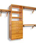 Heavy Duty Solid Wood Closet Organizer System With Six Deep Drawers And Extended Hanging Rods Wall Mounted Honey Maple Finish, showcasing a well-structured storage solution.