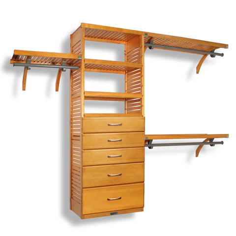 Heavy Duty Solid Wood Closet Organizer System With Six Deep Drawers And Extended Hanging Rods Wall Mounted Honey Maple Finish, showcasing a well-structured storage solution.