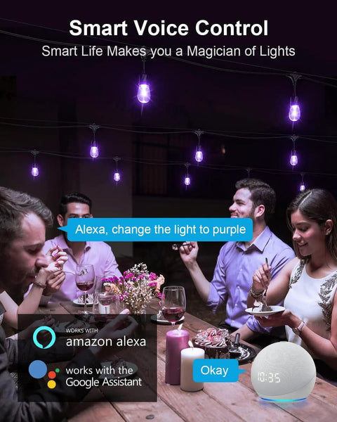 Group dining under Smart Outdoor String Lights 49 Ft RGBW With 15 LED Bulbs App And WiFi Control Alexa Compatible IP65 Waterproof
