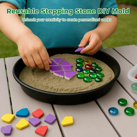 Child using 10 Round Stepping Stone Molds Set With 5 Sizes From Eight Point One To Ten Point Eight Inches Reusable Plastic Concrete Molds