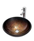 USZWBY Bathroom Vessel Sink with Faucet and Drain Combo Vessel Bowl Sink Tempered Glass Countertop Sink Bowl Round Brown Art Above Counter Sink Art Basin, Thickness 12 Cm, with polished chrome faucet.