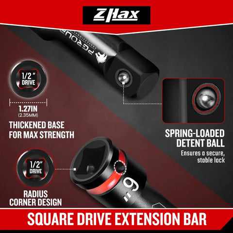 1/2 Inch Drive Impact Extension Bar Set Offers 3 6 And 10 Inch Options Crafted From Tough Cr Mo Steel For Knuckle Busting Auto Repair Jobs Featuring Bold Embossed Measurements That Handle Grime Like A Champ Every Single Time, showing spring-loaded detent ball and thickened base.