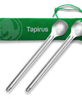 9.4 Inch Long Spork and Spoon Set for Camping and Hiking with Deep Reach Stainless Steel Utensils and carrying case displayed.
