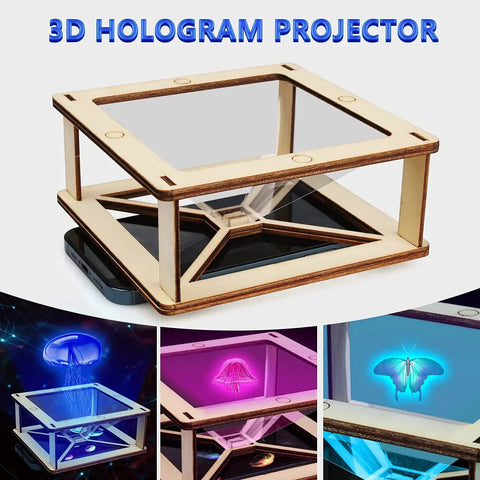 3D hologram projector device shown from top view with wooden frame and plexiglass, emitting colorful holographic images