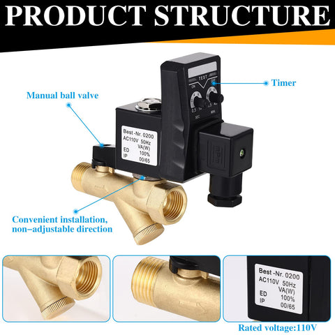Automatic Drain Valve Kit For Air Compressors With Electronic Tank Drain, brass construction, close-up of 110V AC components