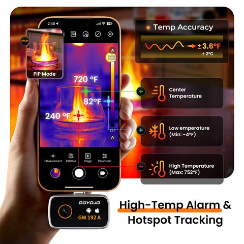 Turn Your Smartphone Into A 192x192 Thermal Imager With USB C Plug And Play For Android And iPhone, showing temperature readings on screen