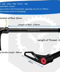 Thru Axle Adapter For Boost Forks, 1.0mm Thread Pitch, 174mm length, with handle and detailed measurements, MTB hub compatibility