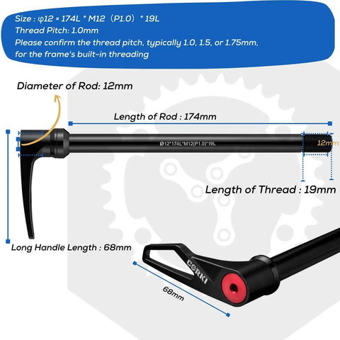 Thru Axle Adapter For Boost Forks, 1.0mm Thread Pitch, 174mm length, with handle and detailed measurements, MTB hub compatibility