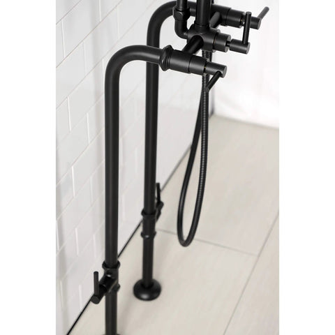 Concord Freestanding Tub Faucet with Supply Line Matte Black Finish Solid Brass Floor Mount Stop Valve in bathroom setup