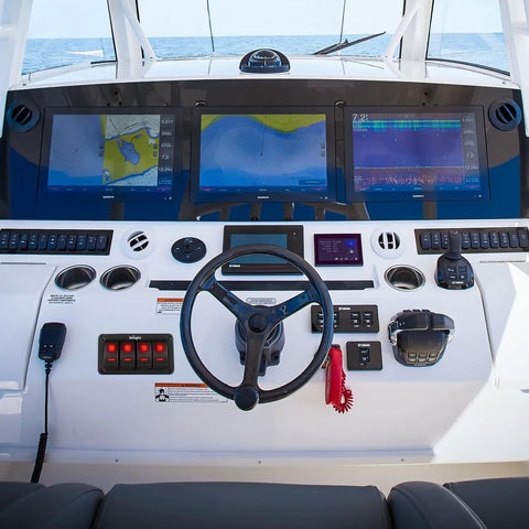 Boat helm with Four Gang Rocker Switch Panel With DIY Label Stickers And Pre Wired Jumpers SPST On Off 12V 20A And 24V 10A Aluminum Plate Red Ideal For LED Light Bars RV Boats And 4x4 Vehicles.