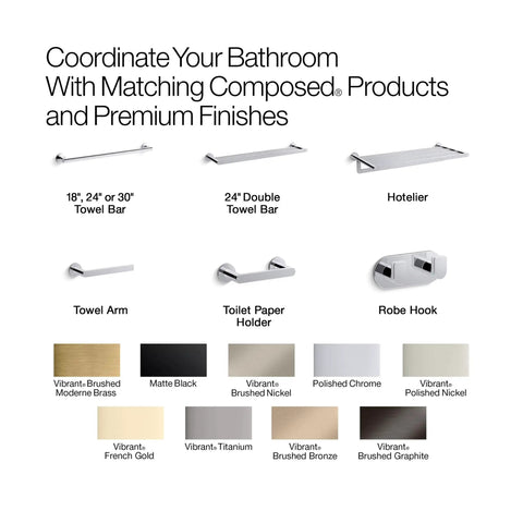 Composed bathroom accessories in polished chrome showing 18, 24, 30 inch towel bars and finishes like vibrant modern brass and graphite.