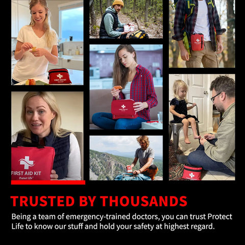 Collage of seven red Protect Life first aid kits used at home, outdoors, and in a car.