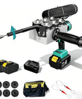 Real Deal Cordless Electric Wire Puller With Brushless Motor And Six Rubber Wheels For Knockout Cable Fishing Up To Three Hundred Pounds Of Traction 21 Volt Battery Operated Conduit Stringing Machine For Tradesmen with accessories and rubber wheels.