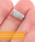 Grab This Heavy Duty Stainless Steel M4 Flat Head Rivet Nuts Knurled Tool Kit For Serious Automotive Repairs, Industrial Fastening And Tough Furniture Builds That Really Rock. M4 stainless steel rivet nut with flat head and knurled body in hand