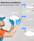 Person installing Rechargeable Ceiling Light With Motion Sensor And Remote 12000mAh Battery Powered Closet Light For Shower Garage And Porch Long Lasting Bright 6500K Cool White Wireless Easy Install in a ceiling