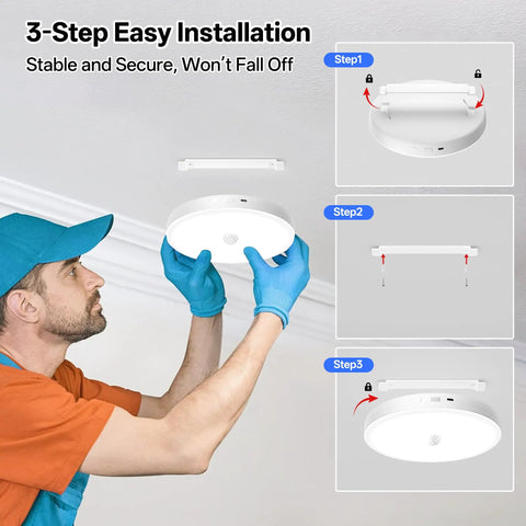 Person installing Rechargeable Ceiling Light With Motion Sensor And Remote 12000mAh Battery Powered Closet Light For Shower Garage And Porch Long Lasting Bright 6500K Cool White Wireless Easy Install in a ceiling