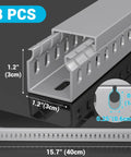 Close-up of Open Slot Wire Duct Kit for Desk and Server Racks, grey, 15.7 inch lanes, 8-pack, showing dimension details.