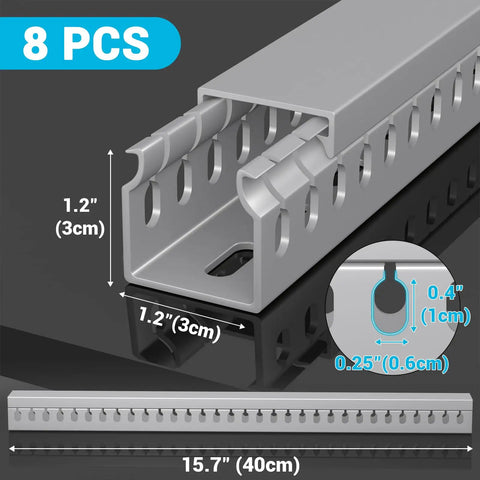 Close-up of Open Slot Wire Duct Kit for Desk and Server Racks, grey, 15.7 inch lanes, 8-pack, showing dimension details.