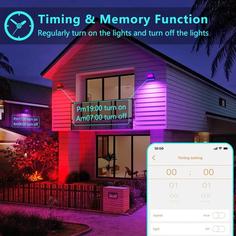 Home exterior lit by All Weather Outdoor LED Flood Light 8000LM RGBW Color Changing, highlighting timing via app control on phone screen.