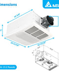 Bathroom Exhaust Fan With Light, Heater And Thermostat, Radiance 80 CFM White, product dimensions and diagram details