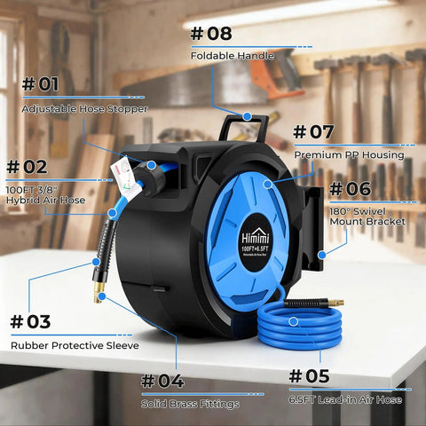 Retractable 3/8 Inch By 100 Foot Hybrid Air Hose Reel With 6.5 Foot Lead-In, Auto Lock And Release System, 180 Degree Swivel Bracket