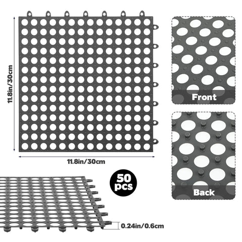 50 Pack Interlocking Drainage Mats 11.8 By 11.8 Inches Non Slip TPE Floor Tiles With Drain Holes For Bathroom Kitchen Patio Pool Deck And Garage No Brainer Easy Splice Cushioned Anti Fatigue Surface shown from front and back