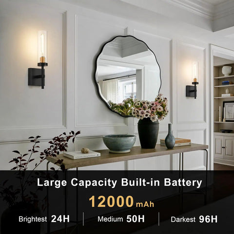 Battery Powered Wireless Wall Sconces With Remote Control Set Of 2 No Wiring Needed Black And Gold Dimmable Rechargeable LED Wall Lights in modern hallway with mirror and plants