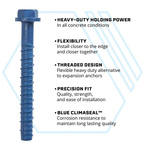 Heavy-Duty Hex Head Concrete Anchors 5/16 X 2-1/4 Inch, 15 Pack, Blue Climaseal Coating for corrosion resistance