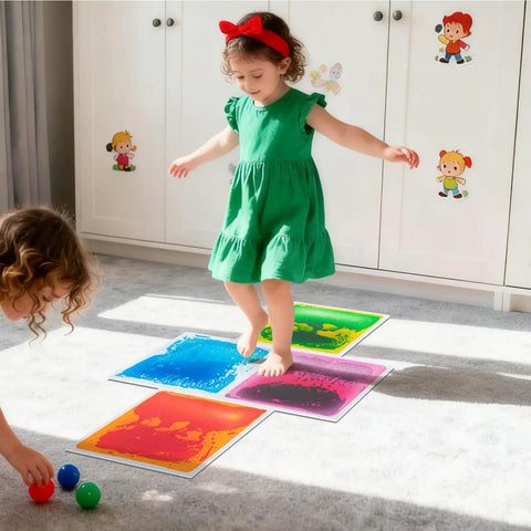 Child stepping on colorful liquid sensory floor tiles in a playroom, Liquid Sensory Colorful Floor Tiles Pack Of 4 11.8 Inch Square Dance Floor Tiles That Move With Every Step No Install Needed For Playrooms Classrooms Daycare Bars And Stores.