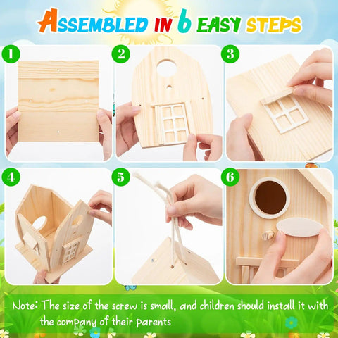 Step-by-step assembly of 2 Pack Rustic Wood Bird House Kit With Paints And Brushes For Grownups And Kids Build It Yourself Pine Weatherproof Outdoor Craft Rural Style Pre Drilled.
